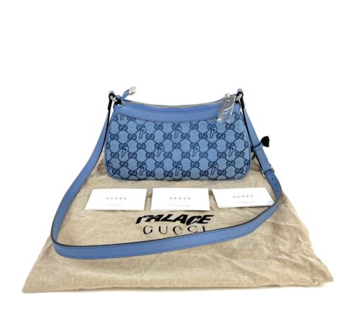 Gucci X PALACE Supreme Monogram Palace Textured Dollar Calfskin Shoulder Bag Blue 3