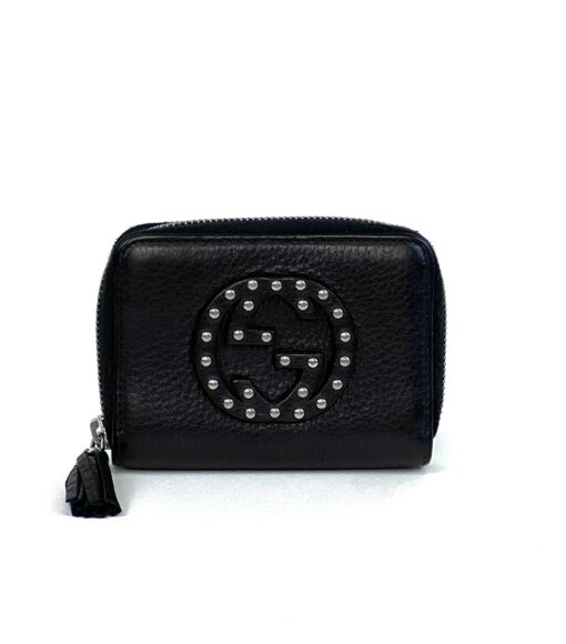 Gucci Pebbled Calfskin Studded Soho Disco Zippy Black Wallet