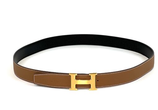 Hermes Gold H Belt Buckle & Reversible Black Brown Leather Strap