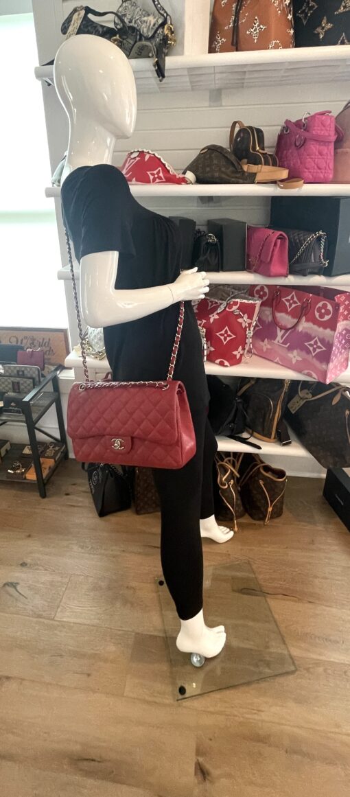 Chanel Caviar Quilted Jumbo Double Flap Deep Red Silver Series 14 6