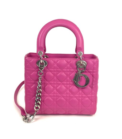 Christian Dior Lady Dior Medium Lambskin Cannage Hot Pink Silver