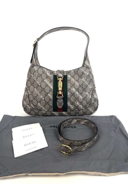 Gucci x Balenciaga Supreme Monogram Striped Logo Print Web Small Jackie 1961 Hobo Beige Ebony 4