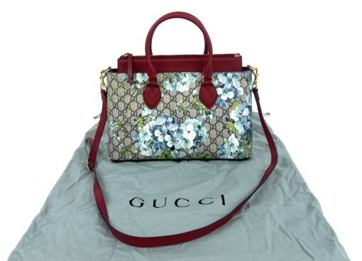 Gucci  Supreme Monogram Blooms Small Zip Top Tote Beige Blue Navy Hibiscus Red - Image 3