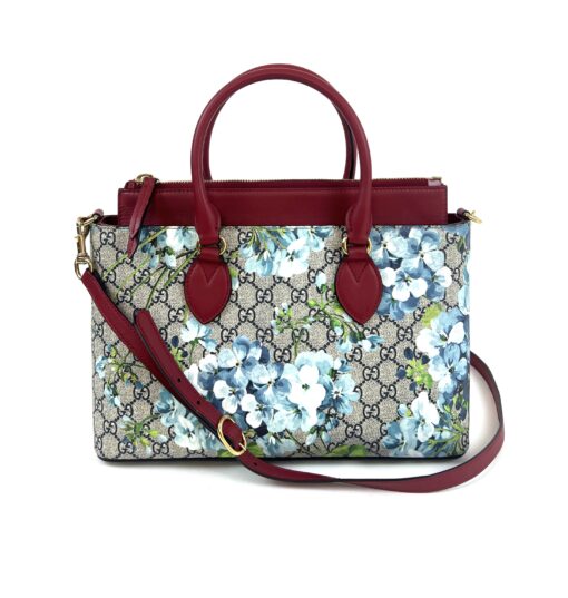 Gucci  Supreme Monogram Blooms Small Zip Top Tote Beige Blue Navy Hibiscus Red