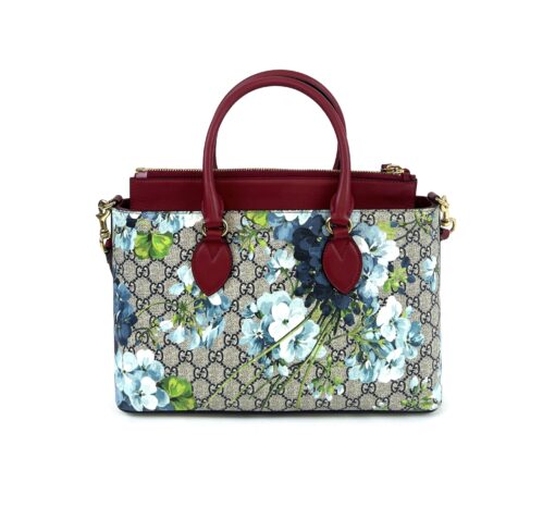 Gucci  Supreme Monogram Blooms Small Zip Top Tote Beige Blue Navy Hibiscus Red - Image 14