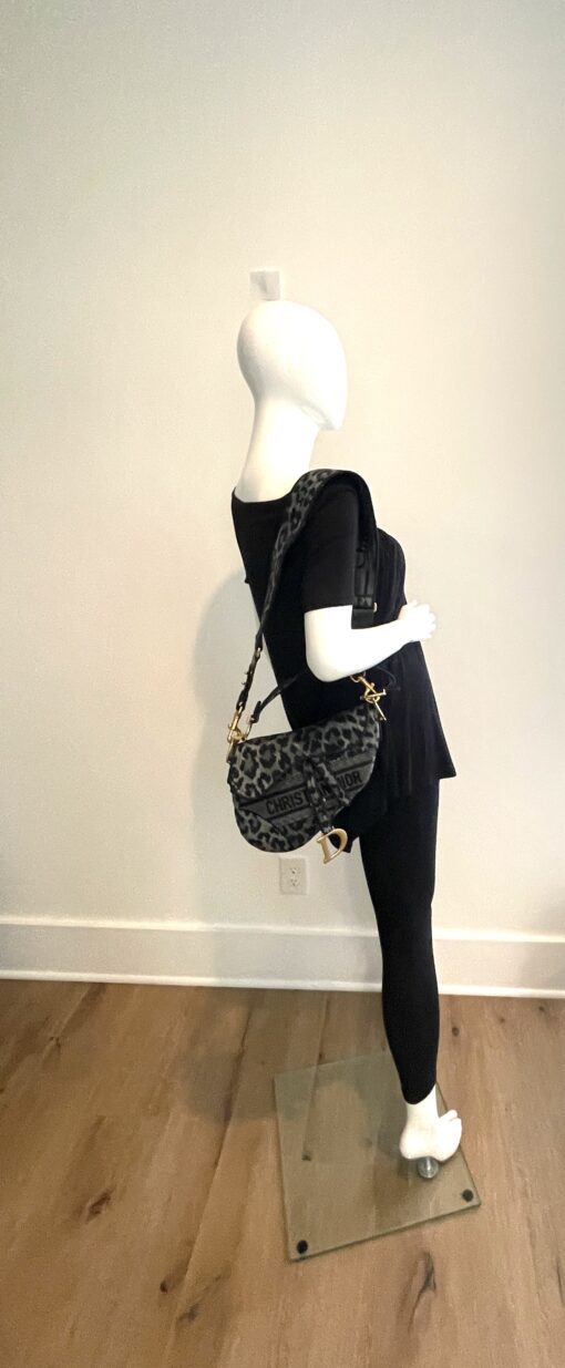 Dior Limited Edition Mizza Saddle Bag Black/Grey Leopard with Dior Shoulder Strap 5