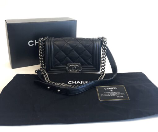 Chanel 8" Calfskin Double Stitch Small Boy Flap Black Ruthenium Hardware - Image 2