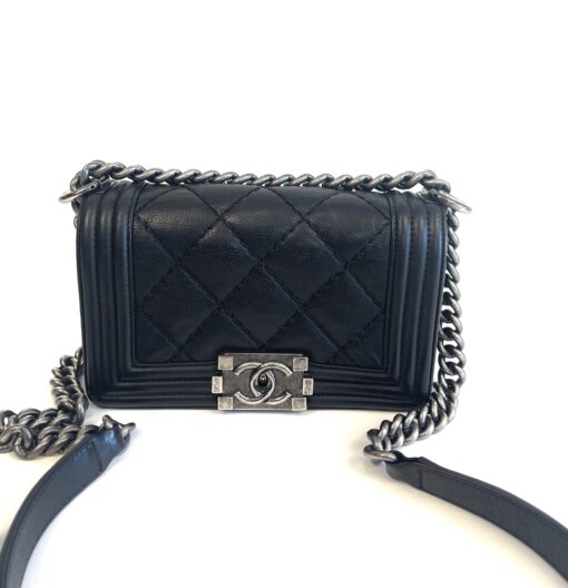 Chanel 8″ Calfskin Double Stitch Small Boy Flap Black Ruthenium Hardware