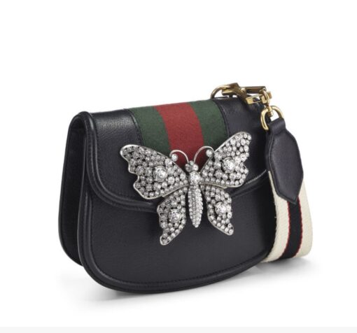 Gucci Calfskin Web Crystal Butterfly Stripe Small Linea Totem Shoulder Bag Black - Image 2