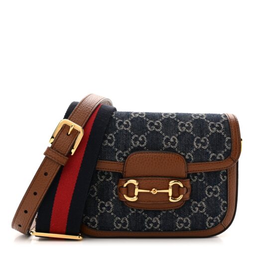 New Gucci Denim Monogram Dollar Calfskin Web Mini Horsebit 1955 Shoulder Bag Blue Tea Cuir Epilog