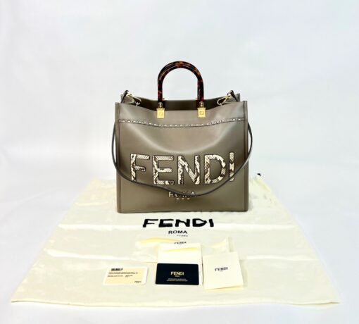 Fendi Sunshine Shopper Tote Vitello King Plexiglass Elaphe Python Print Logo Medium Miele Scuro Taupe 8