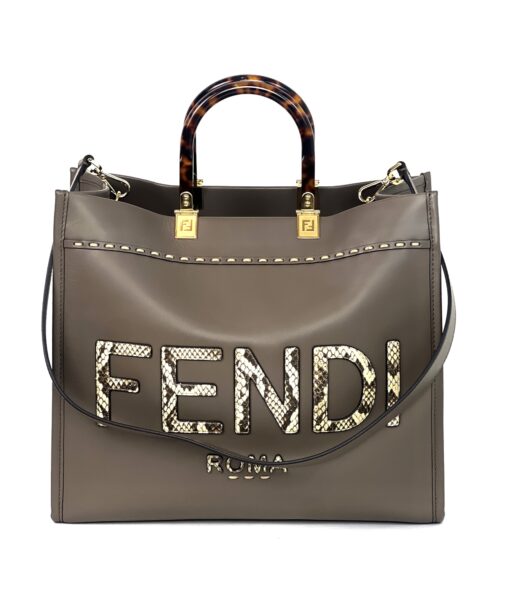 Fendi Sunshine Shopper Tote Vitello King Plexiglass Elaphe Python Print Logo Medium Miele Scuro Taupe