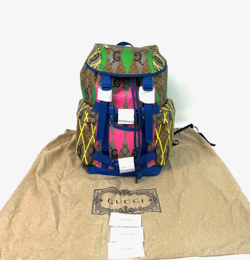 Gucci Rhombus Large Leather Coated Canvas Logo Fabric Backpack Colorful 4