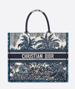 CHRISTIAN DIOR Canvas Embroidered Large Palm Tree Toile De Jouy Book Tote Blue Multicolor