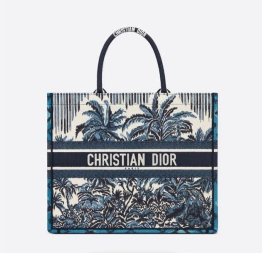 CHRISTIAN DIOR Canvas Embroidered Large Palm Tree Toile De Jouy Book Tote Blue Multicolor