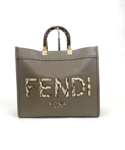 Fendi Sunshine Shopper Tote Vitello King Plexiglass Elaphe Python Print Logo Medium Miele Scuro Taupe