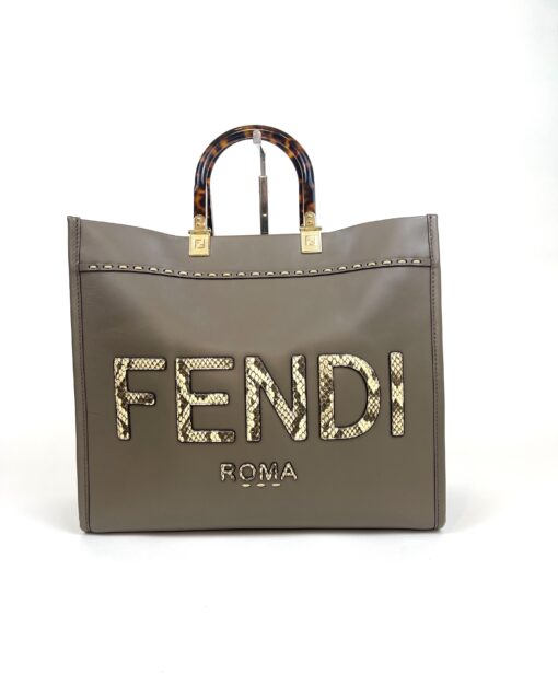 Fendi Sunshine Shopper Tote Vitello King Plexiglass Elaphe Python Print Logo Medium Miele Scuro Taupe