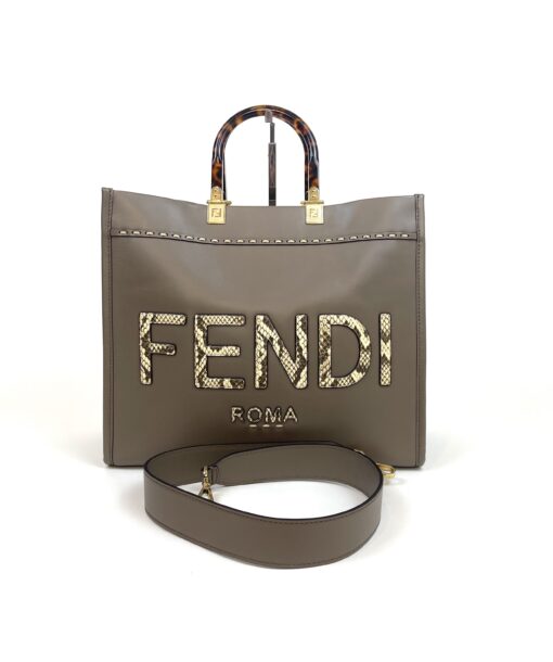 Fendi Sunshine Shopper Tote Vitello King Plexiglass Elaphe Python Print Logo Medium Miele Scuro Taupe 7