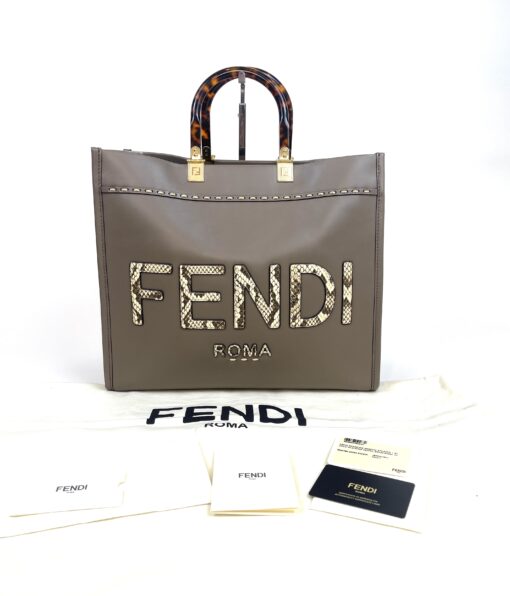 Fendi Sunshine Shopper Tote Vitello King Plexiglass Elaphe Python Print Logo Medium Miele Scuro Taupe 3