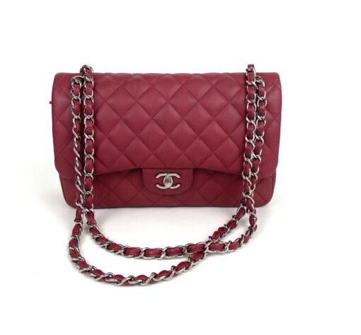 Chanel Caviar Quilted Jumbo Double Flap Deep Red Silver Series 14