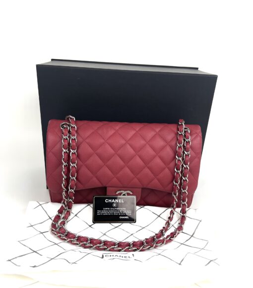 Chanel Caviar Quilted Jumbo Double Flap Deep Red Silver Series 14 - Image 4