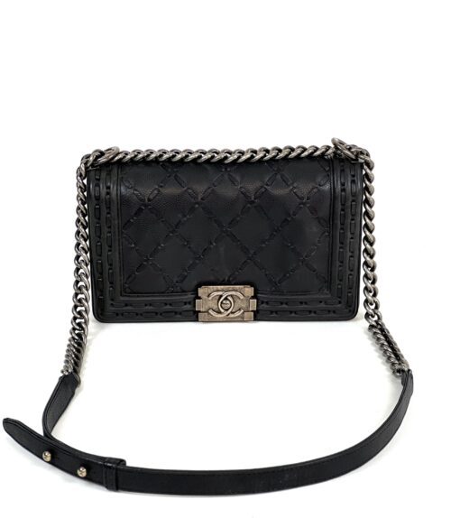 Chanel Black Caviar Whipstitch 10″ Boy Bag Ruthenium Hardware