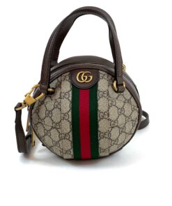 Gucci Supreme Monogram Textured Dollar Calfskin Web Mini Ophidia Basketball Shaped Shoulder Bag Beige Brown New Acero