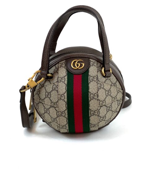 Gucci Supreme Monogram Textured Dollar Calfskin Web Mini Ophidia Basketball Shaped Shoulder Bag Beige Brown New Acero