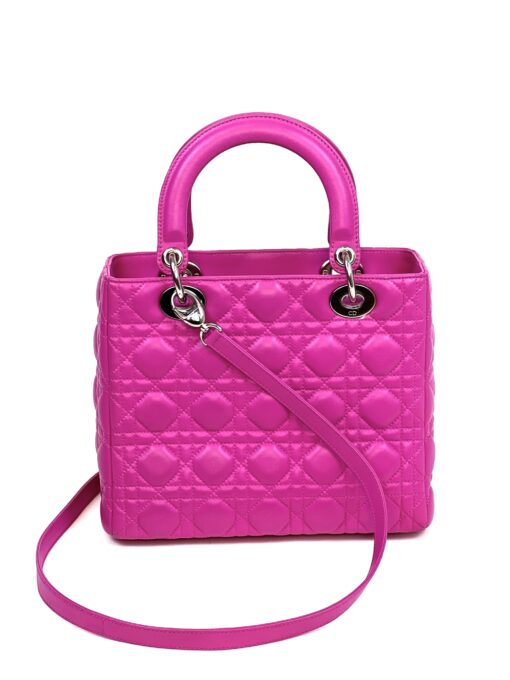 Christian Dior Lady Dior Medium Lambskin Cannage Hot Pink Silver - Image 2