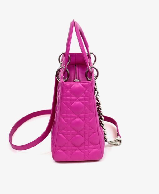 Christian Dior Lady Dior Medium Lambskin Cannage Hot Pink Silver - Image 14