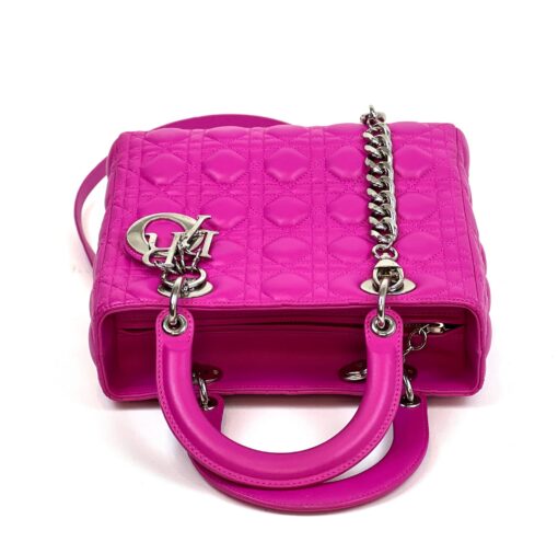 Christian Dior Lady Dior Medium Lambskin Cannage Hot Pink Silver - Image 13