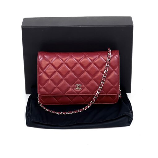 Chanel Red Lambskin Classic Quilted Wallet On Chain Silver - Image 3