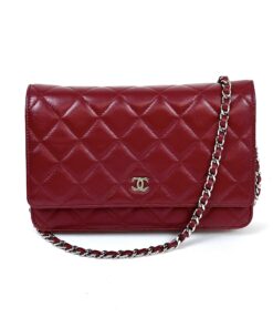 Chanel Red Lambskin Classic Quilted Wallet On Chain Silver