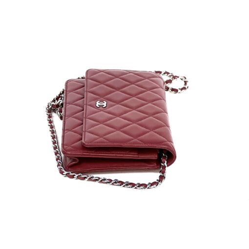 Chanel Red Lambskin Classic Quilted Wallet On Chain Silver - Image 11