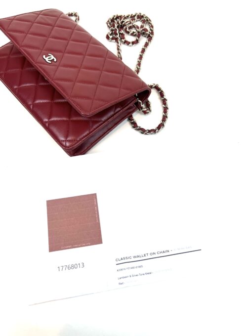 Chanel Red Lambskin Classic Quilted Wallet On Chain Silver 8