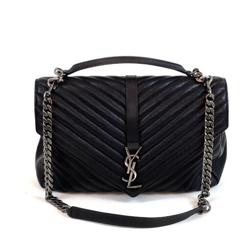 YSL Saint Laurent College Large Quilted Black Leather V-Flap Shoulder Bag Silver