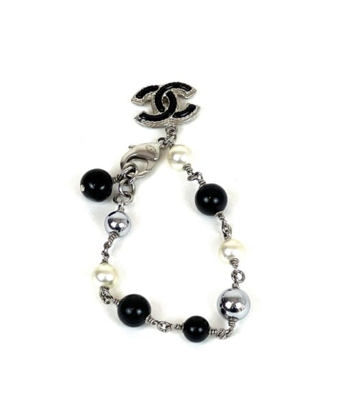 Chanel Pearl Bead Black White Silver-toned Chain Bracelet 3