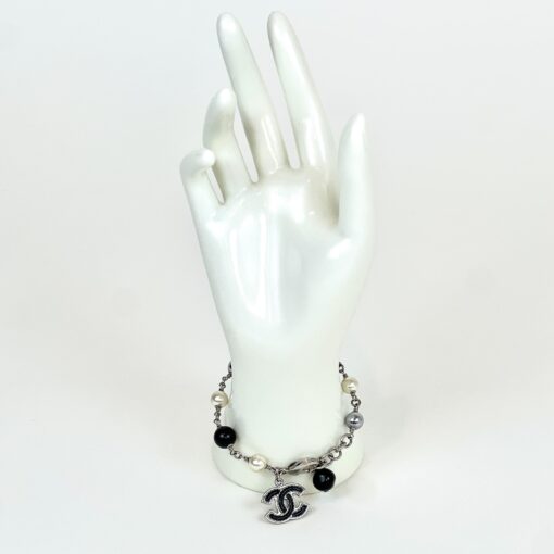 Chanel Pearl Bead Black White Silver-toned Chain Bracelet 8