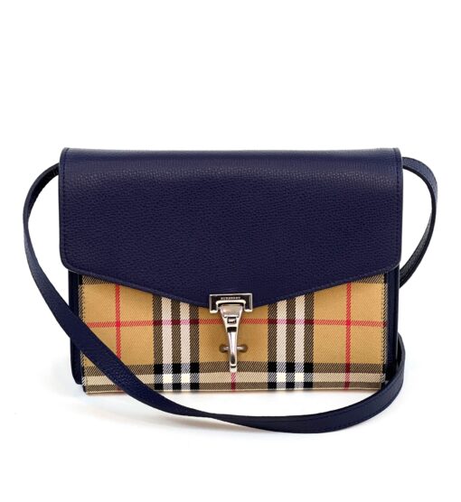 Burberry Derby Calfskin Macken Check Crossbody Bag Navy