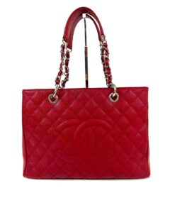 Chanel Caviar Quilted Grand Shopping Tote GST Red Silver