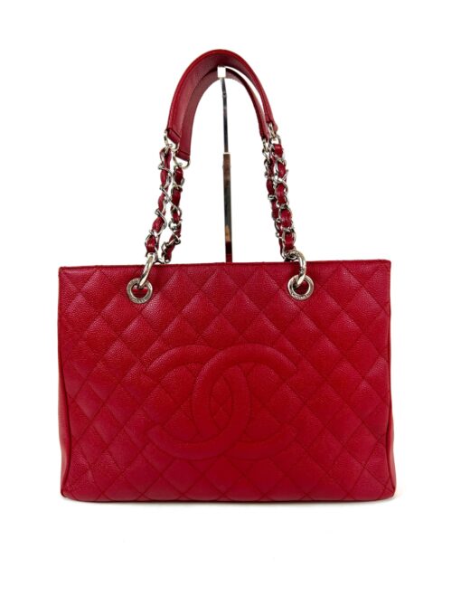 Chanel Caviar Quilted Grand Shopping Tote GST Red Silver