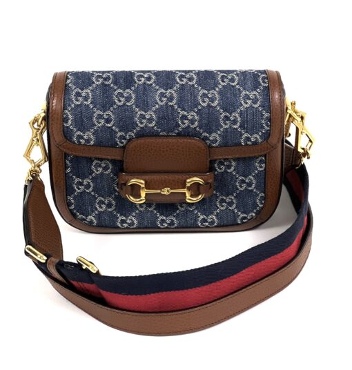 New Gucci Denim Monogram Dollar Calfskin Web Mini Horsebit 1955 Shoulder Bag Blue Tea Cuir Epilog - Image 11