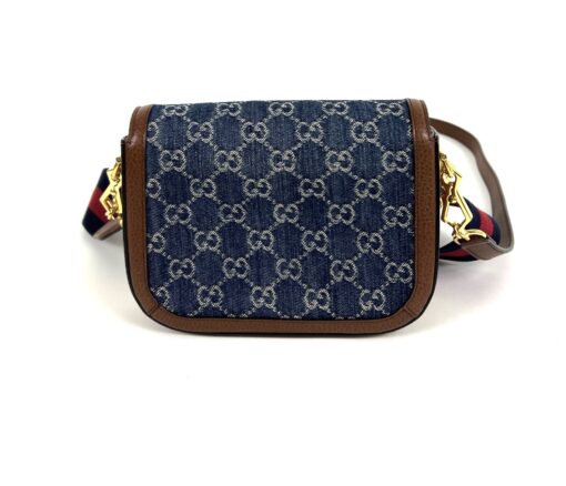 New Gucci Denim Monogram Dollar Calfskin Web Mini Horsebit 1955 Shoulder Bag Blue Tea Cuir Epilog - Image 5