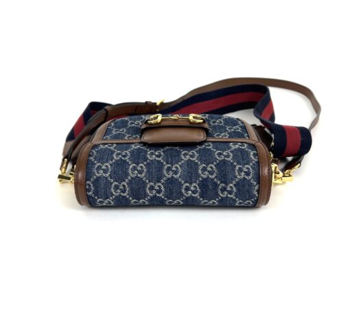 New Gucci Denim Monogram Dollar Calfskin Web Mini Horsebit 1955 Shoulder Bag Blue Tea Cuir Epilog - Image 10