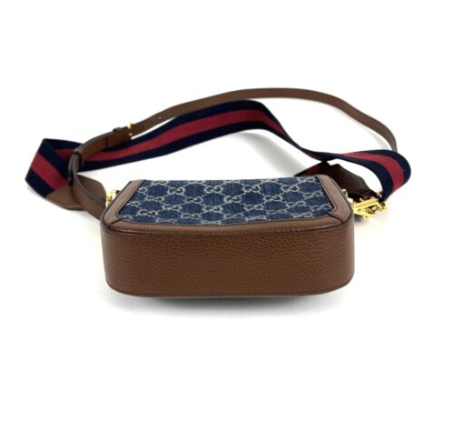 New Gucci Denim Monogram Dollar Calfskin Web Mini Horsebit 1955 Shoulder Bag Blue Tea Cuir Epilog - Image 9