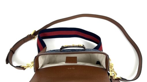 New Gucci Denim Monogram Dollar Calfskin Web Mini Horsebit 1955 Shoulder Bag Blue Tea Cuir Epilog - Image 6