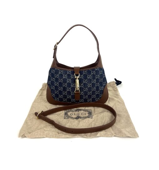 Gucci New Denim Monogram Calfskin Small Jackie 1961 Hobo Blue Tea Cuir - Image 2