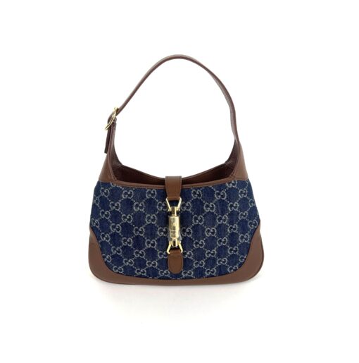 Gucci New Denim Monogram Calfskin Small Jackie 1961 Hobo Blue Tea Cuir