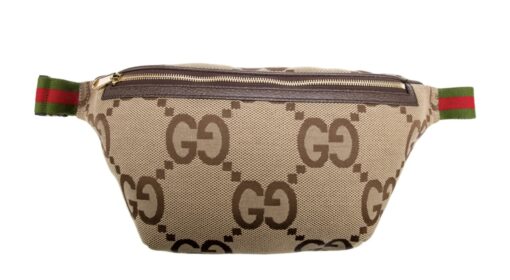 Gucci Monogram Jumbo GG Textured Dollar Calfskin Web Belt Bag Camel Ebony New Acero