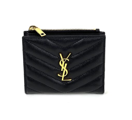 YSL Grain De Poudre Matelasse Chevron Monogram Zipped Two-Part Wallet Black